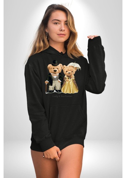 Hanımefendi ve Beyefendi Oyuncak Ayı Kadın Erkek Baskılı Üç Iplik Siyah Kapüşonlu Hodie Sweatshirt