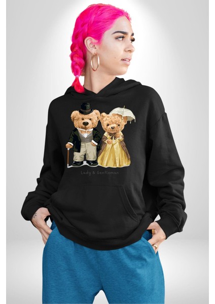 Hanımefendi ve Beyefendi Oyuncak Ayı Kadın Erkek Baskılı Üç Iplik Siyah Kapüşonlu Hodie Sweatshirt