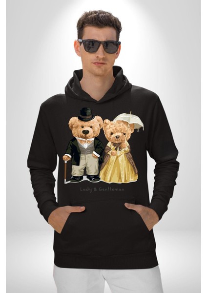 Hanımefendi ve Beyefendi Oyuncak Ayı Kadın Erkek Baskılı Üç Iplik Siyah Kapüşonlu Hodie Sweatshirt