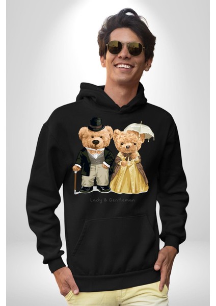 Hanımefendi ve Beyefendi Oyuncak Ayı Kadın Erkek Baskılı Üç Iplik Siyah Kapüşonlu Hodie Sweatshirt