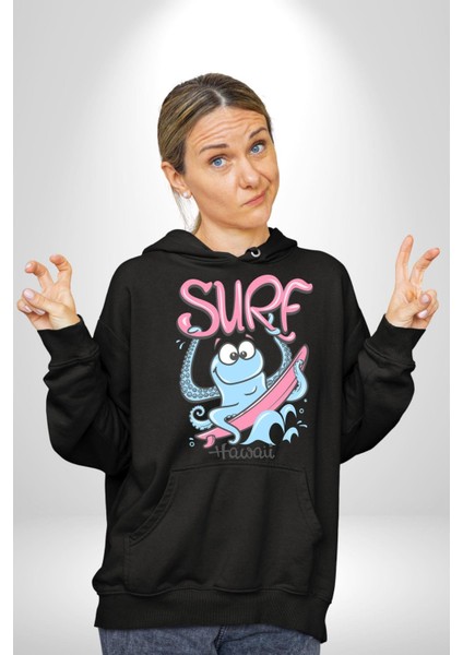 Hawaii Sörfçü Ahtopot Yaz Zamanı Kadın Erkek Baskılı Üç Iplik Siyah Kapüşonlu Hodie Sweatshirt fiyatları