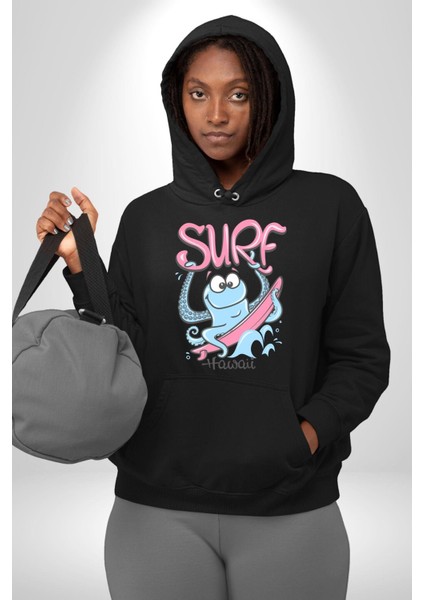 Hawaii Sörfçü Ahtopot Yaz Zamanı Kadın Erkek Baskılı Üç Iplik Siyah Kapüşonlu Hodie Sweatshirt fırsatları