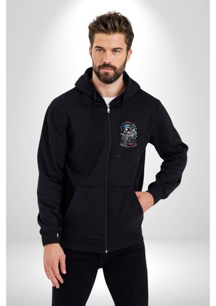 Kaykay Süren Iskelet Adam Kadın Erkek Baskılı Fermuarlı Kapüşonlu Hırka Sweatshirt