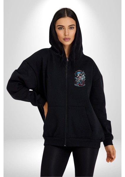 Kaykay Süren Iskelet Adam Kadın Erkek Baskılı Fermuarlı Kapüşonlu Hırka Sweatshirt