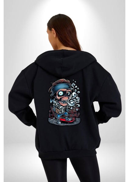 Kaykay Süren Iskelet Adam Kadın Erkek Baskılı Fermuarlı Kapüşonlu Hırka Sweatshirt
