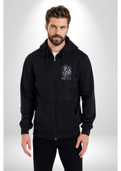 Kaykay Süren Iskelet Adam Kadın Erkek Baskılı Fermuarlı Kapüşonlu Hırka Sweatshirt