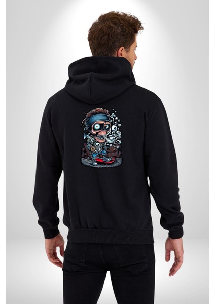 Kaykay Süren Iskelet Adam Kadın Erkek Baskılı Fermuarlı Kapüşonlu Hırka Sweatshirt
