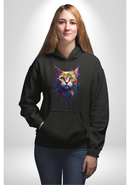 Astral Tatlı Kedi Kadın Erkek Baskılı Üç Iplik Siyah Kapüşonlu Hodie Sweatshirt modelleri