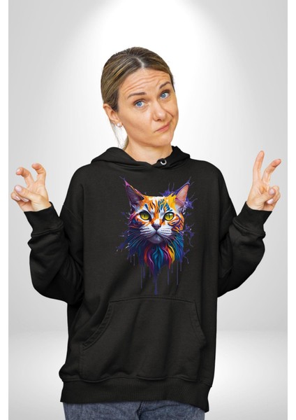 Astral Tatlı Kedi Kadın Erkek Baskılı Üç Iplik Siyah Kapüşonlu Hodie Sweatshirt indirimleri