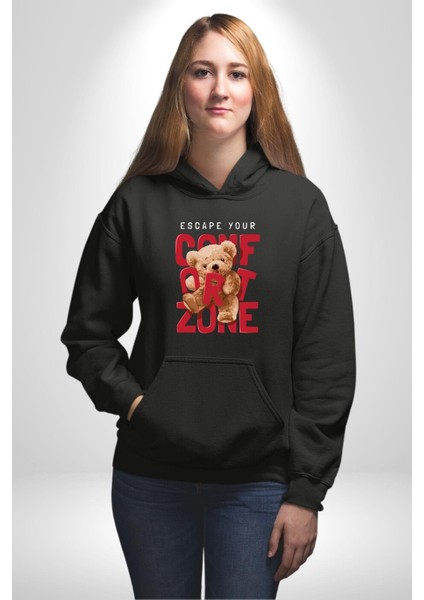 Konfor Bölgenizden Kaçın Oyuncak Ayı Kadın Erkek Baskılı Üç Iplik Siyah Kapüşonlu Hodie Sweatshirt modelleri