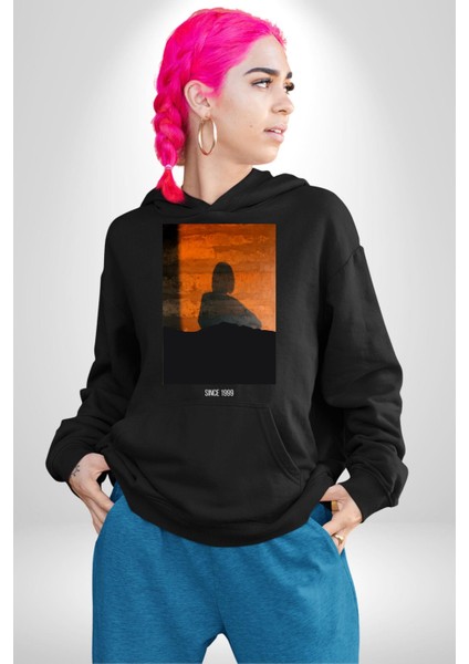 Yaz Akşamı Retro Tarz Kadın Erkek Baskılı Üç Iplik Siyah Kapüşonlu Hodie Sweatshirt