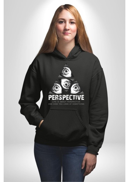 Perspektif Gözler ve Üçgen Kadın Erkek Baskılı Üç Iplik Siyah Kapüşonlu Hodie Sweatshirt