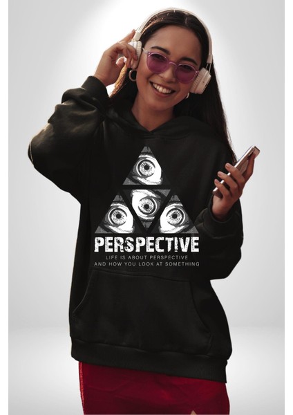 Perspektif Gözler ve Üçgen Kadın Erkek Baskılı Üç Iplik Siyah Kapüşonlu Hodie Sweatshirt fiyatları