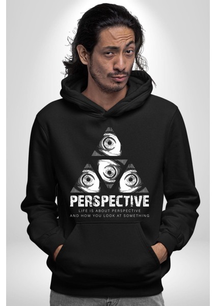 Perspektif Gözler ve Üçgen Kadın Erkek Baskılı Üç Iplik Siyah Kapüşonlu Hodie Sweatshirt fırsatları