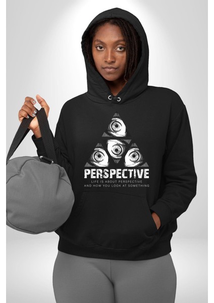 Perspektif Gözler ve Üçgen Kadın Erkek Baskılı Üç Iplik Siyah Kapüşonlu Hodie Sweatshirt indirimleri