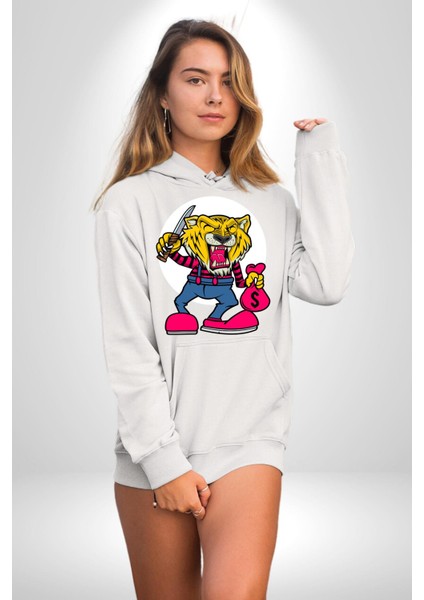 Gaspçı Kaplan Para Tutan Kadın Erkek Baskılı Üç Iplik Beyaz Kapüşonlu Hodie Sweatshirt