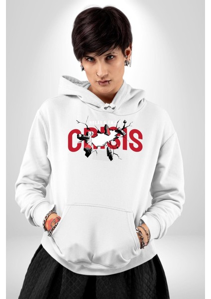 Rahatla ve Katıl Kriz Kadın Erkek Baskılı Üç Iplik Beyaz Kapüşonlu Hodie Sweatshirt fırsatları