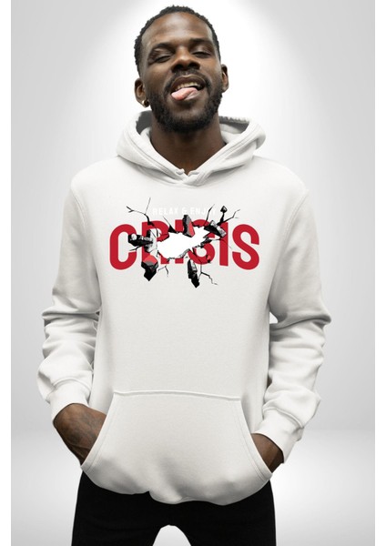 Rahatla ve Katıl Kriz Kadın Erkek Baskılı Üç Iplik Beyaz Kapüşonlu Hodie Sweatshirt indirimleri