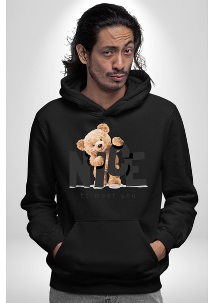 Tanıştığıma Memnun Oldum Tatlı Oyuncak Ayı Kadın Erkek Baskılı Üç Iplik Siyah Kapüşonlu Hodie Sweatshirt