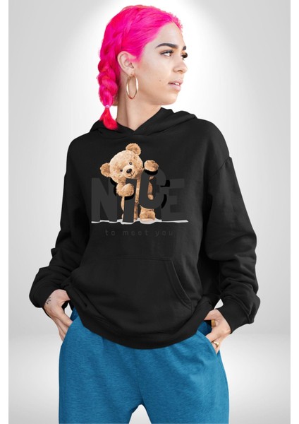 Tanıştığıma Memnun Oldum Tatlı Oyuncak Ayı Kadın Erkek Baskılı Üç Iplik Siyah Kapüşonlu Hodie Sweatshirt fırsatları