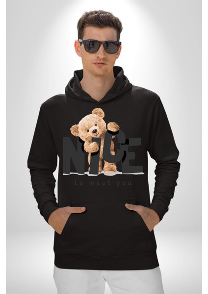 Tanıştığıma Memnun Oldum Tatlı Oyuncak Ayı Kadın Erkek Baskılı Üç Iplik Siyah Kapüşonlu Hodie Sweatshirt indirimleri