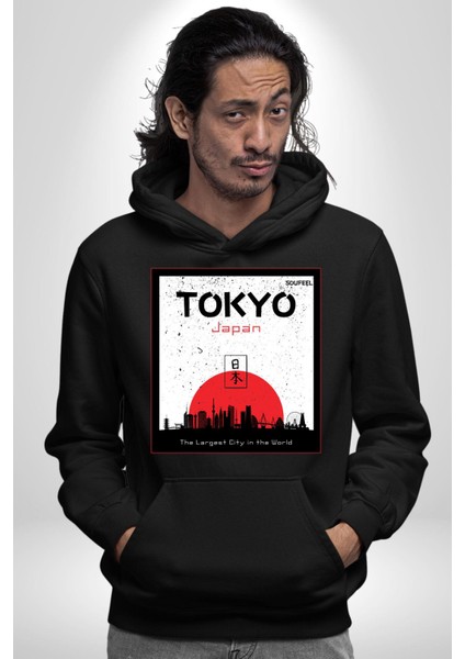 Tokyo Japonya Dünyanın En Geniş Şehri Kadın Erkek Baskılı Üç Iplik Siyah Kapüşonlu Hodie Sweatshirt