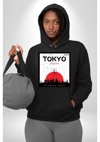 Tokyo Japonya Dünyanın En Geniş Şehri Kadın Erkek Baskılı Üç Iplik Siyah Kapüşonlu Hodie Sweatshirt fiyatları