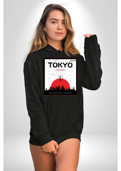 Tokyo Japonya Dünyanın En Geniş Şehri Kadın Erkek Baskılı Üç Iplik Siyah Kapüşonlu Hodie Sweatshirt modelleri