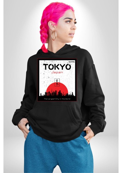 Tokyo Japonya Dünyanın En Geniş Şehri Kadın Erkek Baskılı Üç Iplik Siyah Kapüşonlu Hodie Sweatshirt fırsatları