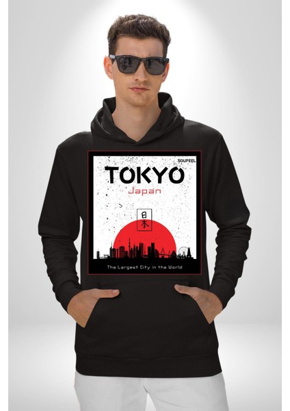 Tokyo Japonya Dünyanın En Geniş Şehri Kadın Erkek Baskılı Üç Iplik Siyah Kapüşonlu Hodie Sweatshirt indirimleri