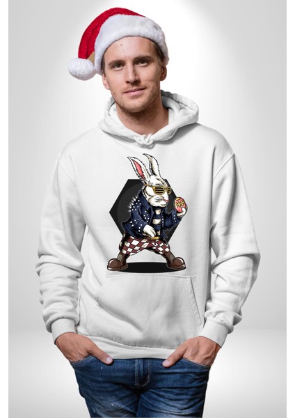 Havalı Deri Ceketli Tavşan Paskalya Kadın Erkek Baskılı Üç Iplik Beyaz Kapüşonlu Hodie Sweatshirt modelleri
