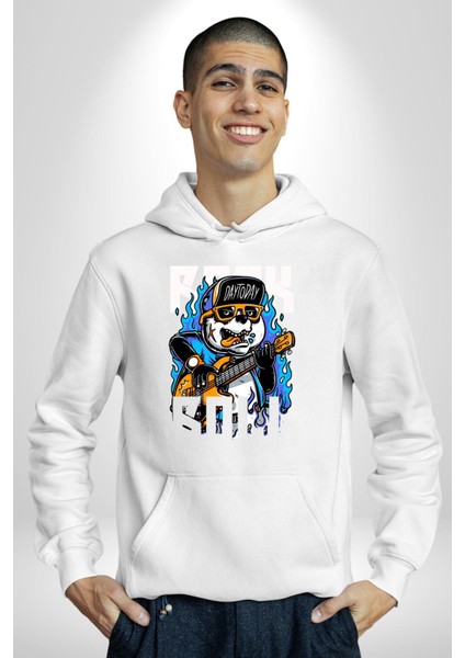 Günden Güne Şapkalı Havalı Gitarist Kadın Erkek Baskılı Üç Iplik Beyaz Kapüşonlu Hodie Sweatshirt fiyatları
