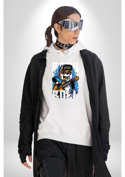 Günden Güne Şapkalı Havalı Gitarist Kadın Erkek Baskılı Üç Iplik Beyaz Kapüşonlu Hodie Sweatshirt fırsatları