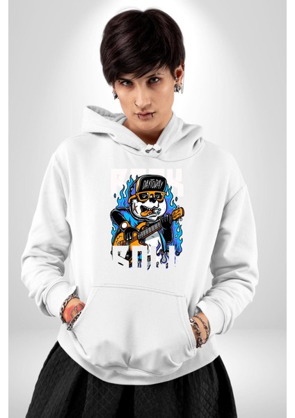 Günden Güne Şapkalı Havalı Gitarist Kadın Erkek Baskılı Üç Iplik Beyaz Kapüşonlu Hodie Sweatshirt indirimleri