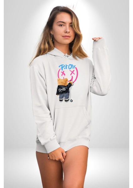 Gülümse Tatlı Deri Ceketli Oyuncak Ayı Kadın Erkek Baskılı Üç Iplik Beyaz Kapüşonlu Hodie Sweatshirt