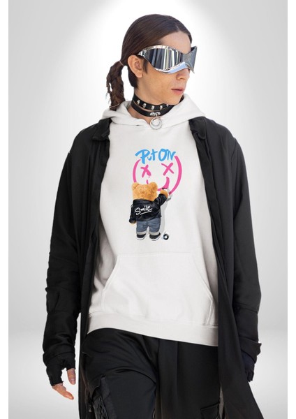 Gülümse Tatlı Deri Ceketli Oyuncak Ayı Kadın Erkek Baskılı Üç Iplik Beyaz Kapüşonlu Hodie Sweatshirt