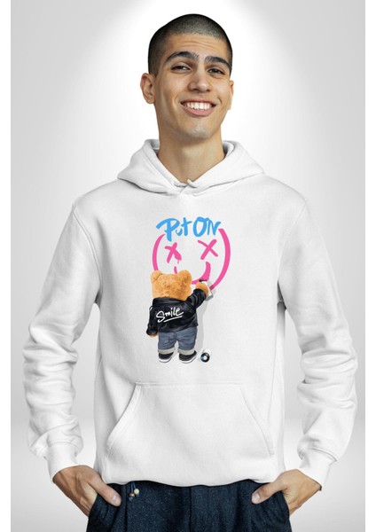 Gülümse Tatlı Deri Ceketli Oyuncak Ayı Kadın Erkek Baskılı Üç Iplik Beyaz Kapüşonlu Hodie Sweatshirt