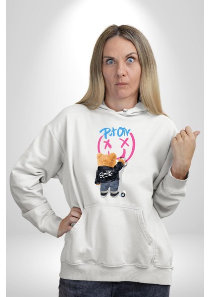 Gülümse Tatlı Deri Ceketli Oyuncak Ayı Kadın Erkek Baskılı Üç Iplik Beyaz Kapüşonlu Hodie Sweatshirt