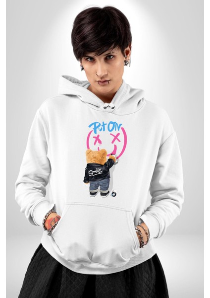 Gülümse Tatlı Deri Ceketli Oyuncak Ayı Kadın Erkek Baskılı Üç Iplik Beyaz Kapüşonlu Hodie Sweatshirt