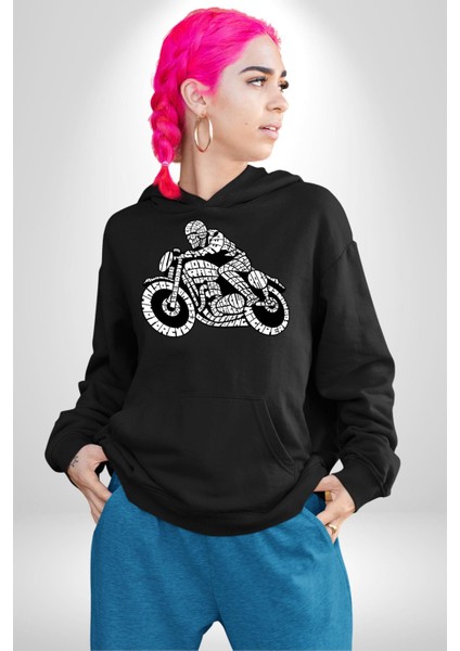Kaligram Motorsiklet Havalı Kadın Erkek Baskılı Üç Iplik Siyah Kapüşonlu Hodie Sweatshirt