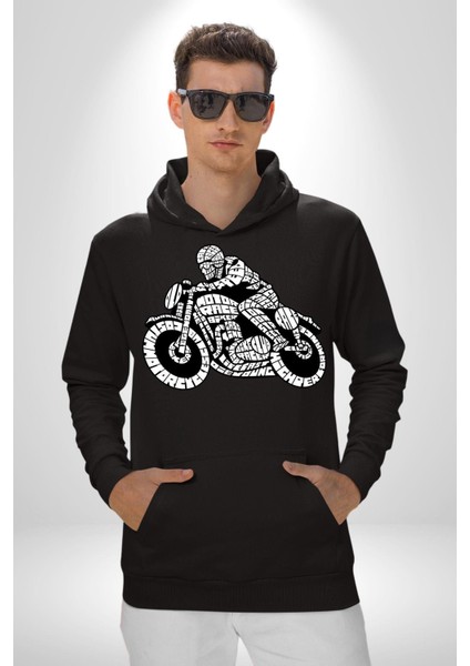 Kaligram Motorsiklet Havalı Kadın Erkek Baskılı Üç Iplik Siyah Kapüşonlu Hodie Sweatshirt fiyatları