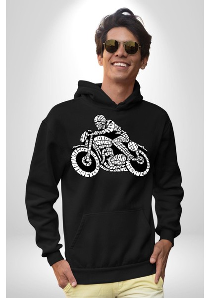 Kaligram Motorsiklet Havalı Kadın Erkek Baskılı Üç Iplik Siyah Kapüşonlu Hodie Sweatshirt modelleri