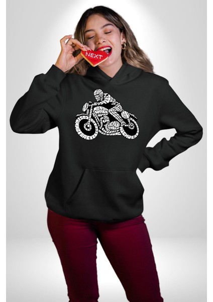 Kaligram Motorsiklet Havalı Kadın Erkek Baskılı Üç Iplik Siyah Kapüşonlu Hodie Sweatshirt fırsatları
