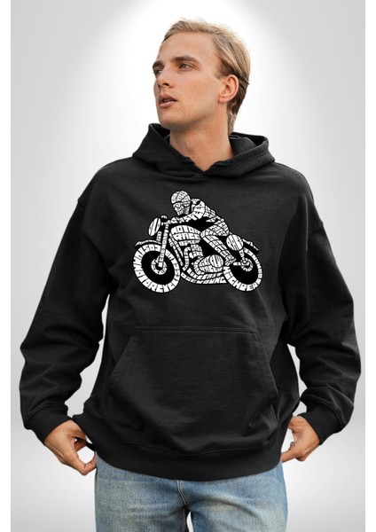 Kaligram Motorsiklet Havalı Kadın Erkek Baskılı Üç Iplik Siyah Kapüşonlu Hodie Sweatshirt indirimleri