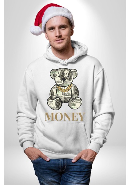 Dolar Ayı Havalı Tasarım Kadın Erkek Baskılı Üç Iplik Beyaz Kapüşonlu Hodie Sweatshirt