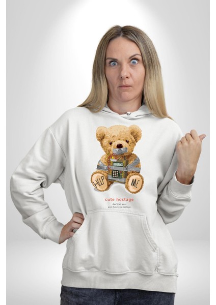 Tatlı Rehine Oyuncak Ayı Kadın Erkek Baskılı Üç Iplik Beyaz Kapüşonlu Hodie Sweatshirt modelleri