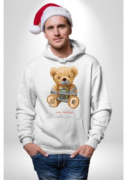 Tatlı Rehine Oyuncak Ayı Kadın Erkek Baskılı Üç Iplik Beyaz Kapüşonlu Hodie Sweatshirt fırsatları