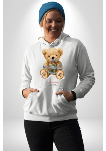 Tatlı Rehine Oyuncak Ayı Kadın Erkek Baskılı Üç Iplik Beyaz Kapüşonlu Hodie Sweatshirt indirimleri