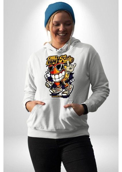 Sakin Ol Vape ve Sür Kadın Erkek Baskılı Üç Iplik Beyaz Kapüşonlu Hodie Sweatshirt fiyatları