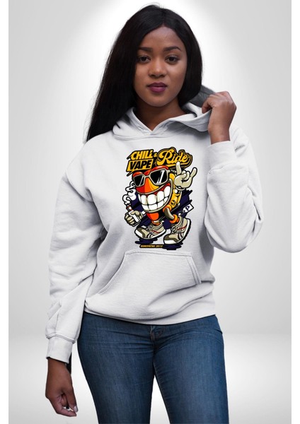 Sakin Ol Vape ve Sür Kadın Erkek Baskılı Üç Iplik Beyaz Kapüşonlu Hodie Sweatshirt indirimleri